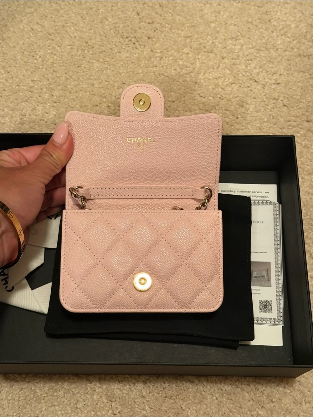 Chanel almost new Giftable pink caviar leather mini micro crossbody bag purse
